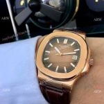 Patek Philippe Nautilus Replica Watches Rose Gold Brown Leather Strap
